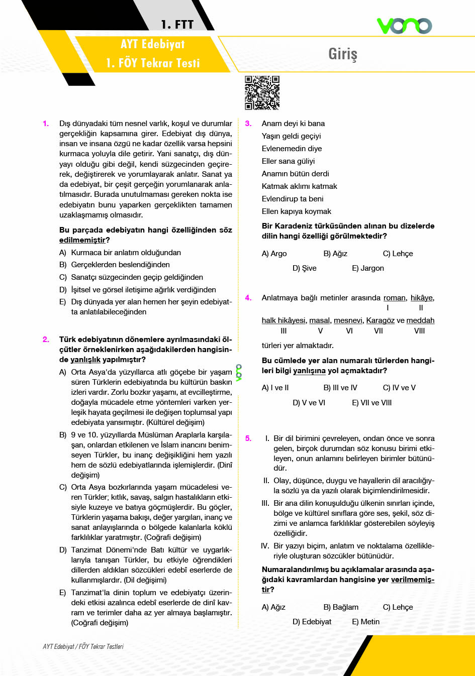 AYT Edebiyat Föy Tekrar Testleri